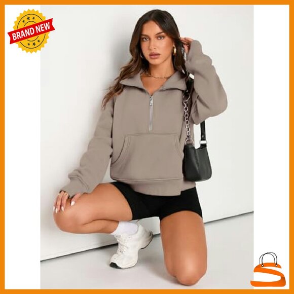 Cropped Half-Zip Fleece Hoodie with Thumb Holes & Pockets - Picture 5 of 8